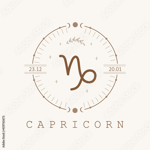Capricorn. Zodiac sign in boho style. Astrological icon isolated on white background. Mystery and esoteric. Horoscope logo vector illustration. Spiritual tarot card.