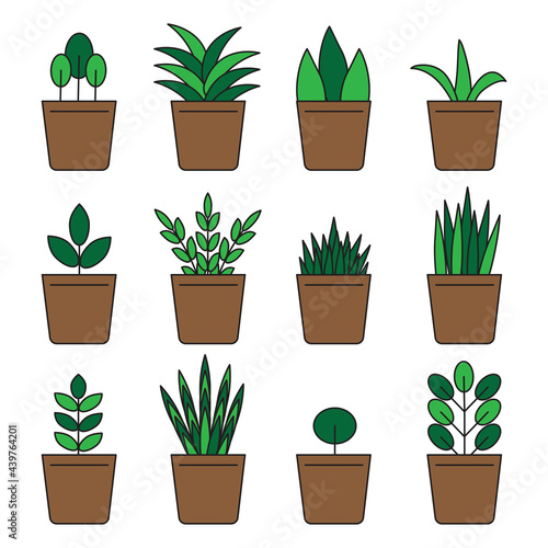 Cartoon green flowerpots. Interior design. Home icon. Floral background. Vector illustration. Stock image.