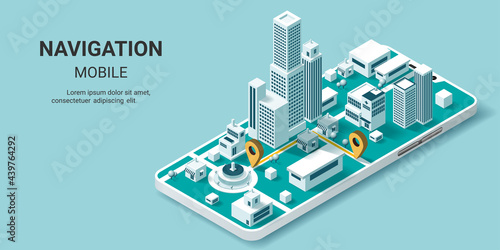 Maps and navigation online on mobile application, City isometric plan with road and buildings, World Map. Isometric smart city concept. 3d vector illustration