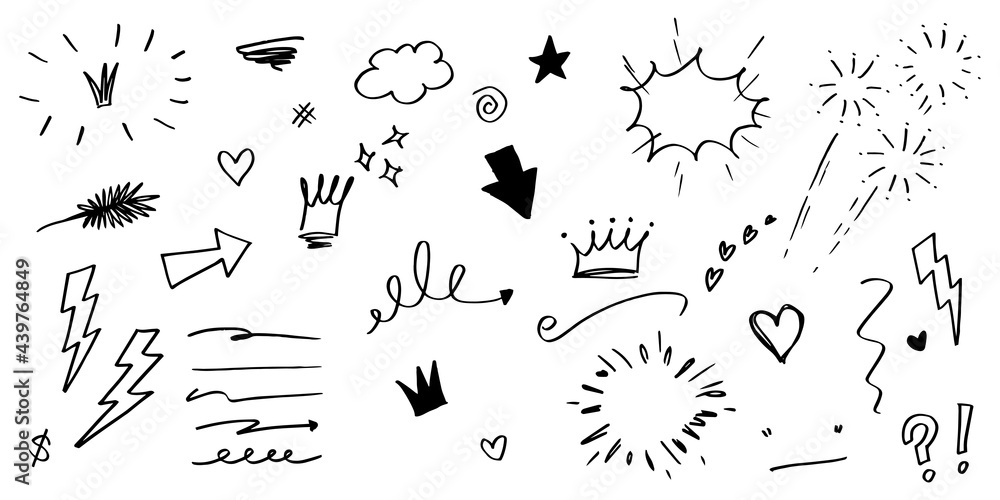 hand drawn set of curly swishes, swashes, swoops. Abstract arrows, Arrow, heart, love, star, leaf, sun, light, crown, king, queen, on doodle style for concept design. vector illustration. hand drawn set of curly swishes, swashes, swoops. Abstract arrows, Arrow, heart, love, star, leaf, sun, light, crown, king, queen, on doodle style for concept design. vector illustration.