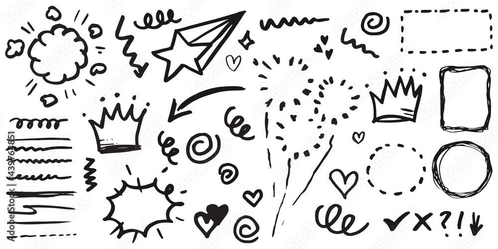 hand drawn set of curly swishes, swashes, swoops. Abstract arrows, Arrow, heart, love, star, leaf, sun, light, crown, king, queen, on doodle style for concept design. vector illustration. hand drawn set of curly swishes, swashes, swoops. Abstract arrows, Arrow, heart, love, star, leaf, sun, light, crown, king, queen, on doodle style for concept design. vector illustration.