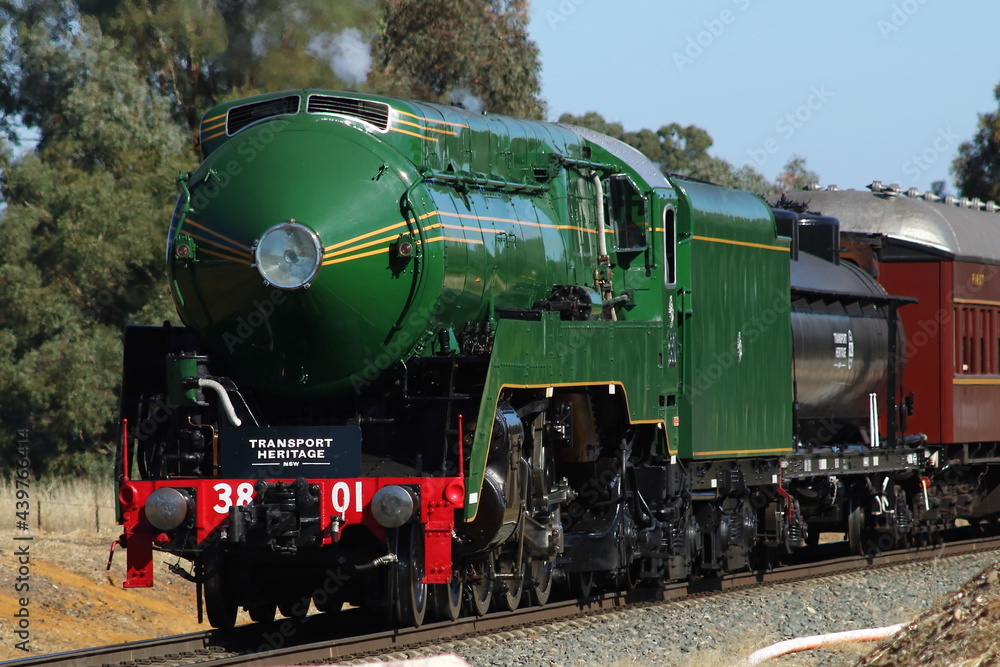 Locomotive #3801 - steam train, historical train leaving Albury, NSW, Australia.