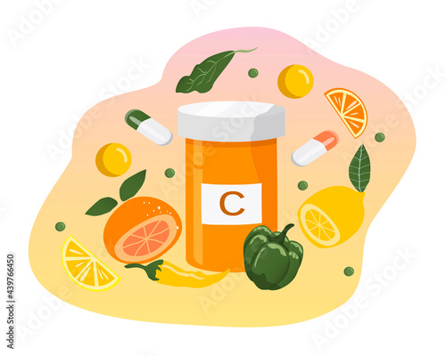 vector hand drawn illustration on the topic of vitamins, dietary supplements. Vitamin C and foods that contain it. trendy illustration in flat style for webs, magazines, apps