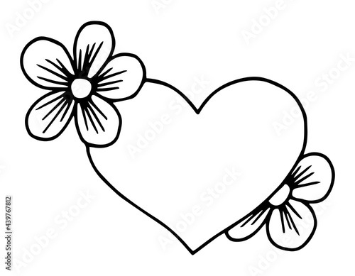 Symptomatic heart decorated with flowers on a white background. A symbol of love and lovers. Vector outline hand drawn illustration in doodle style.