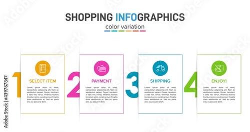 Concept of shopping process with 4 successive steps. Four colorful graphic elements. Timeline design for brochure, presentation, web site. Infographic design layout.