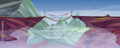 Suspended rope bridge hang above foggy mountain cliff, scenery rocky landscape background. Panoramic nature view with wooden bridgework connect rock edges at dull day, Cartoon vector illustration