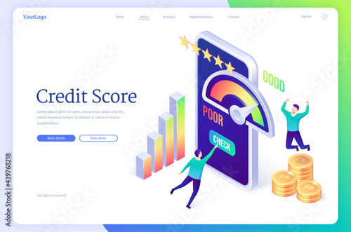 Credit score banner. Mobile application with rating scale from poor to good rate. Vector landing page with cartoon illustration with people, loan meter on smartphone screen, graph and money