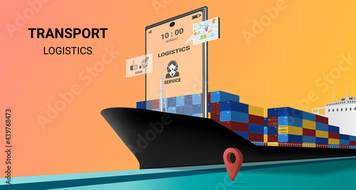 Online transportation by cargo ship on mobile service, online order tracking, global logistic, sea logistics. Ship, warehouse, cargo, container, courier. 3D Vector illustration