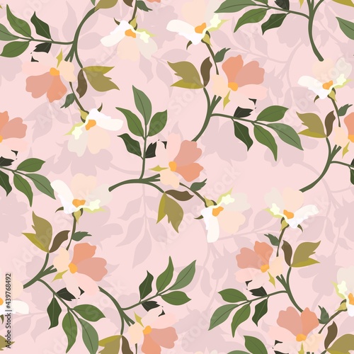 Vintage flowers. Seamless pattern. A branch of a blossoming tree. Flat vector isolated illustration. Pastel colors.