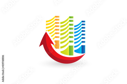 Modern buildings and red arrow real estate icon logo vector image graphic design illustration