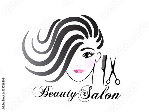 Logo face of pretty woman silhouette for cosmetic salon stylist with a comb and scissor business id card sketch icon vector image graphic illustration