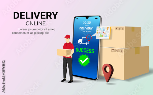 Delivery courier man holding Parcel Box with mobile phone. Fast online delivery service. Online order. Internet e-commerce. delivery tracking. 3D Perspective Vector illustration