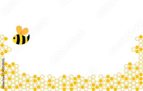 Orange border of geometric hexagons with cute bee. Symbolizing the honeycomb.