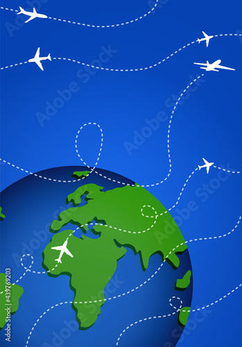international flights or cargo transportation on blue background. Lines of flights around the globe.