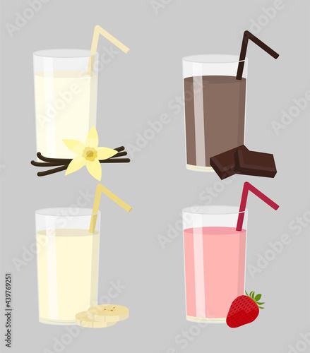 Milkshake set. Vanilla, strawberry, chocolate and banana cocktails. Vector flat illustration