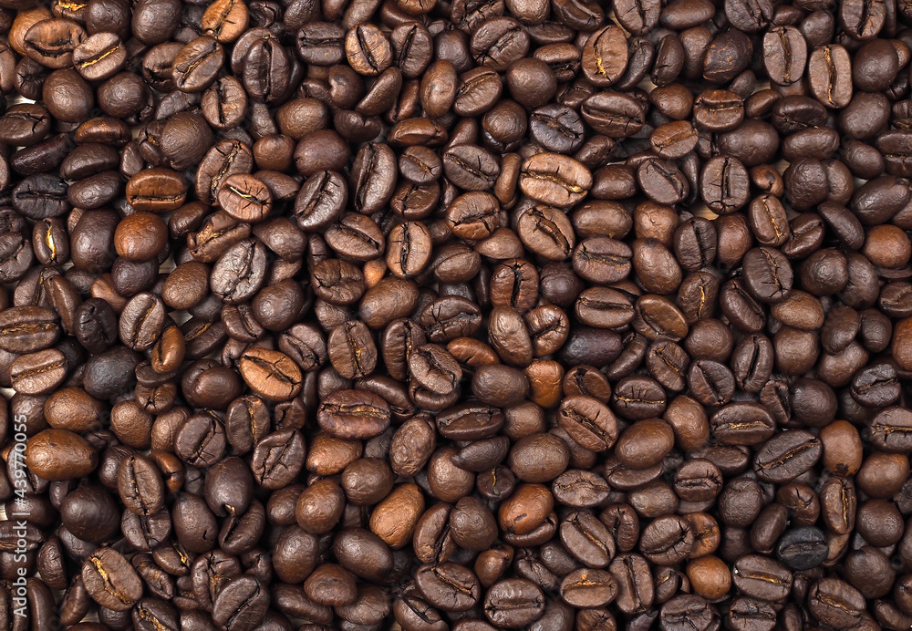 Roasted Coffee beans texture background, top view