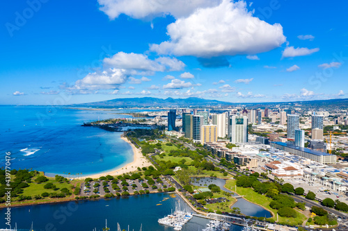 Ala Moana Beach Park and the Honolulu skyline with the Waianae Mountain Range off in the distance