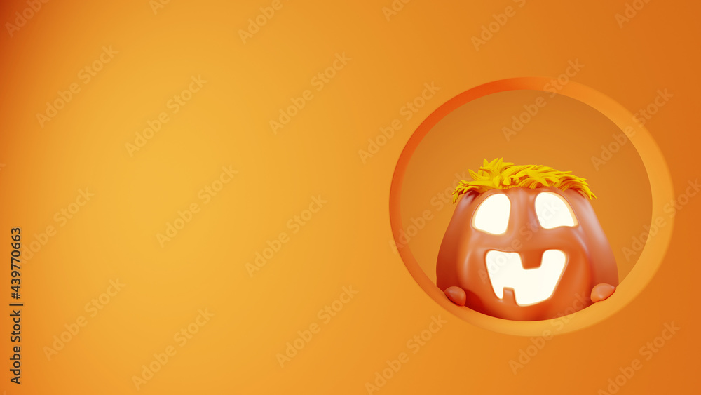 Fototapeta premium Halloween Funny Lantern Jack Pumpkin Peeking out From Behind the Wall. Rendering from 3D.