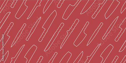 Knife set for kitchen and outdoor cooking. Pattern, background. Knives for cutting. BBQ tools. Steak, cleaver, boning, santoku, slicing, carving, shef knife. Colorful flat isolated vector illustration