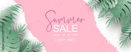 Summer sale banner design with tropical leaves background