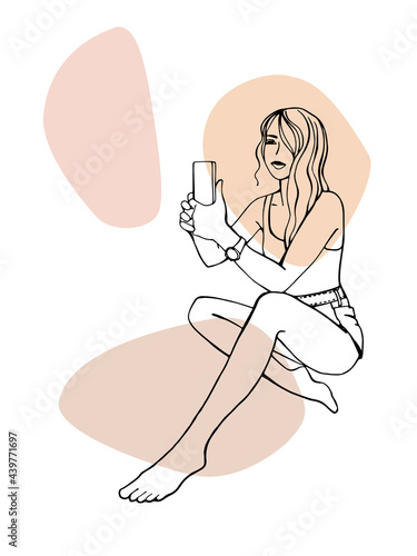Pretty girl on the beach takes pictures by phone. Hand drawn line sketch. Ink drawing. Isolated on white background. Trendy colours blobs.