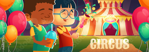 Kids in amusement park with circus, ferris wheel and roller coaster. Cheerful children friends visit night funfair with fireworks and balloons, carnival weekend entertainment cartoon vector banner