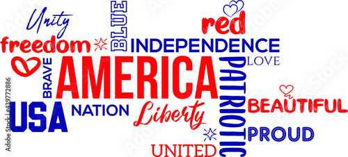 America word cloud, a mixture of USA patriotic words word cloud in red and blue color for American independence day