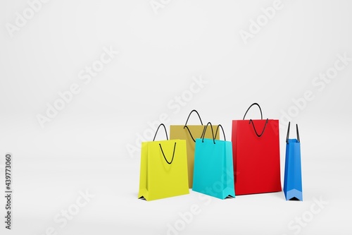 Blue, yellow, green, red paper bags shopping on a white background. 3D rendering. 