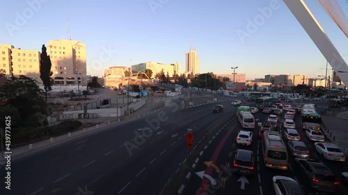 A view from above of the famous String Bridge, on the main road at the entrance to Jerusalem full of vehicles, photo