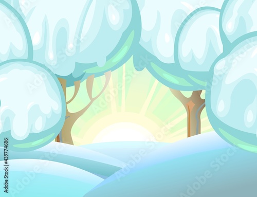 Landscape with ice cream on chocolate sticks. Childrens picture background. Cartoon style. Snow drifts. Cold winter dream land. Sun. Sweets and drips. Vector