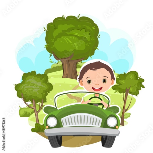 Childrens trip in a small car. Kid boy drives a pedal or electric toy automobile. Cartoon illustration. Isolated. Summer rural landscape. Vector