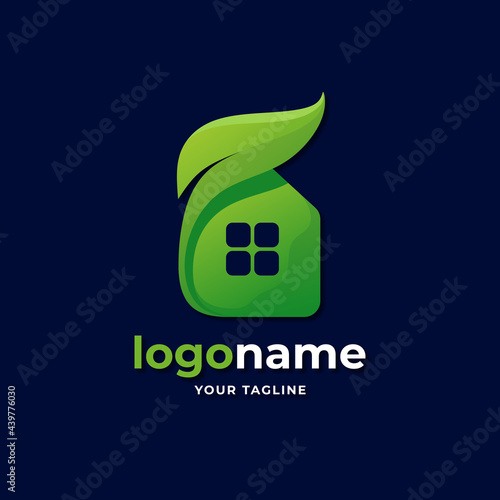 abstract house logo with leaf gradient style for natural resident property real estate business company