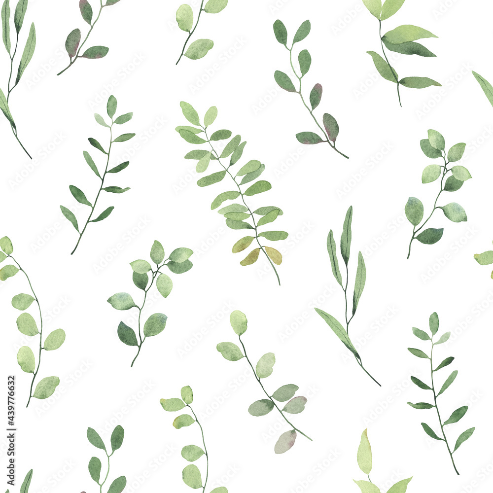 Obraz Kwiatowy wzór z zielonych liści na gałęziach, akwarela ilustracja na białym tle.