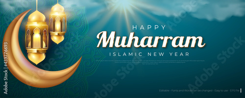 Elegant islamic new year creative card poster background. lamp golden on luxury concept. vector illustration for design.