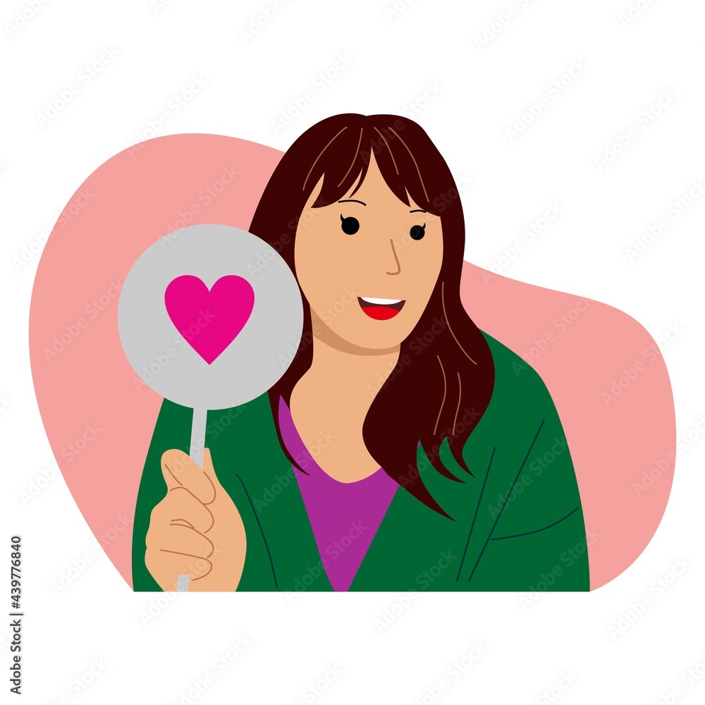 People illustration. Cute girl holding love sign on paper People illustration. Cute girl holding love sign on paper