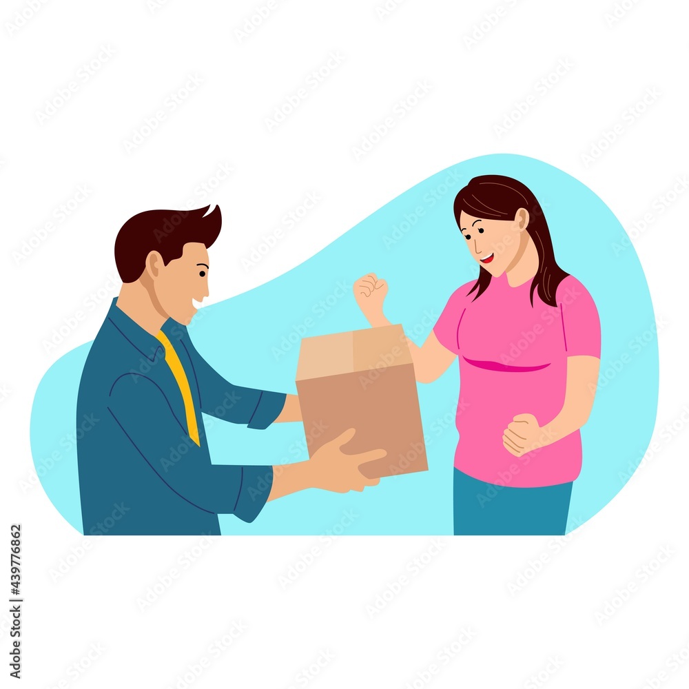 Fototapeta premium People illustration. Courier give a package to girl