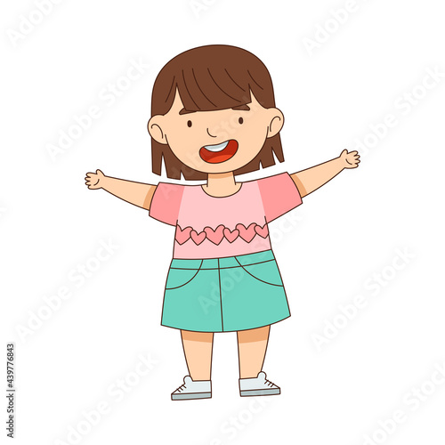 Happy Little Girl Standing with Open Arms for Hug Vector Illustration