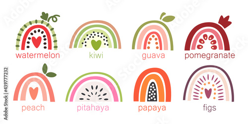 Summer rainbows stylized as fruits: watermelon, papaya, pitahaya, peach, fig, pomegranate, guava, kiwi. Beautiful design for cards, kids print, poster, nursery decoration, logo. Simple flat vector.