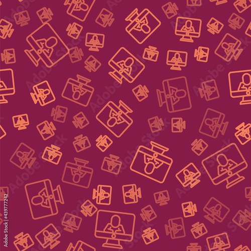 Brown line Online psychological counseling distance icon isolated seamless pattern on red background. Psychotherapy, psychological help, psychiatrist online consulting. Vector