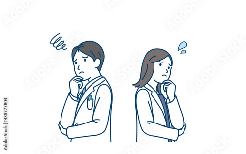 医者　女医　白衣を着た男女　悩む　困る　ポーズ　イラスト素材