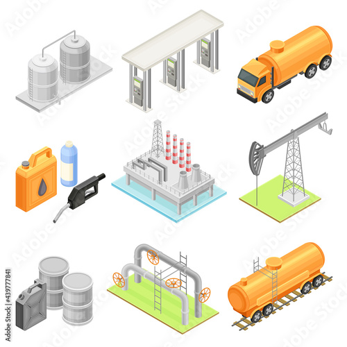 Oil or Petroleum Industry with Extraction Refining and Transporting Process Isometric Vector Set