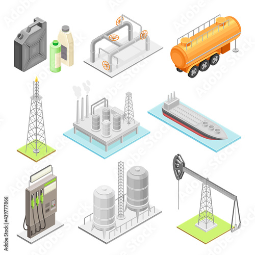 Oil or Petroleum Industry with Extraction Refining and Transporting Process Isometric Vector Set