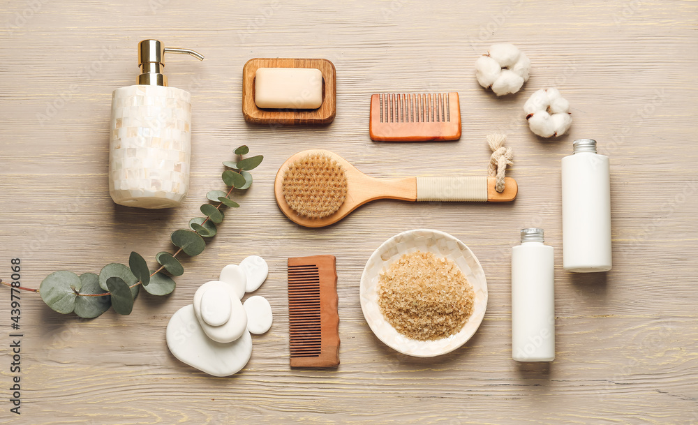 Set of spa supplies on wooden background Set of spa supplies on wooden background