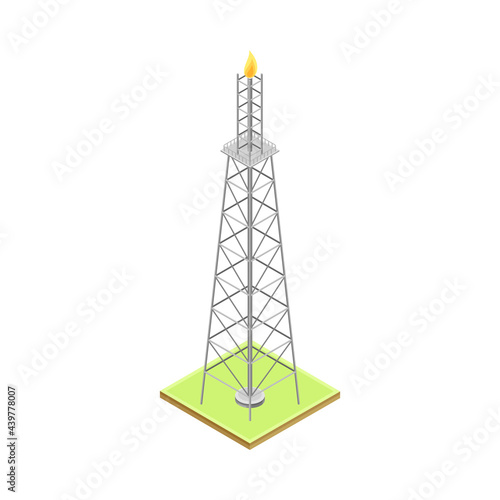Gas Flare or Flare Stack as Gas Combustion Device at Petroleum Refinery Station Isometric Vector Illustration