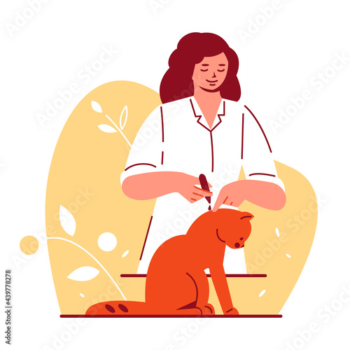 Woman doctor veterinarian drips drops to the cat from worms, parasites. Pet care treatment. Vector illustration in flat cartoon style.