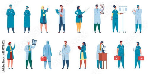 Hospital workers. Healthcare characters doctors, nurses, surgeons, physicians in professional uniforms. Medical staff team vector set. Scientist doing research with microscope, people in gown
