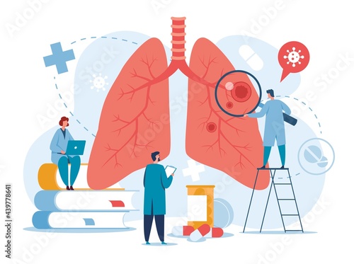 Pulmonology. Doctors examining lungs. Tuberculosis, pneumonia, lung cancer treatment or diagnostic. Lungs healthcare vector concept. Examining human organ, clinic diagnostic or check