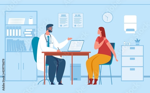 Doctor consultation. Physician consulting or diagnosing patient in office. Woman at doctor medical appointment in hospital vector illustration. Woman having pain in shoulder, meeting at clinic