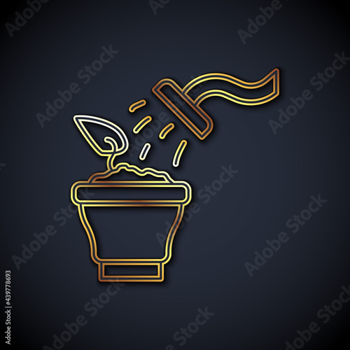 Gold line Spraying a house plant with a spray gun icon isolated on black background. Moistening of foliage. Care for home flowers. Vector