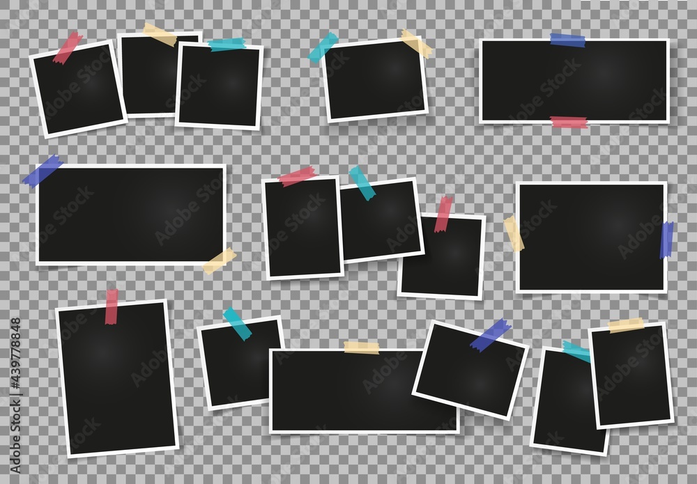 Realistic photo frames. Empty photos frame on adhesive tape. Vintage